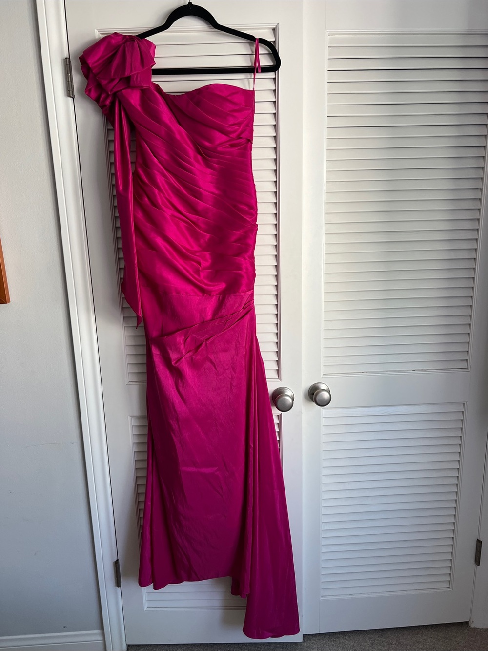 One-Shoulder Fuchsia Evening Gown with Draped Ruching